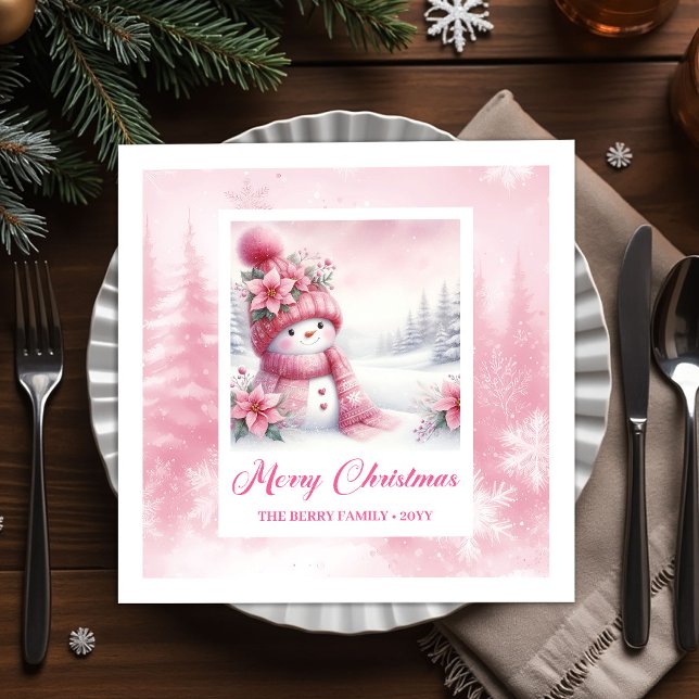 Serviette En Papier Darling Pink Snowman Winter Scene Christmas Napkin (Darling Pink Snowman Winter Scene Christmas Napkins Kids)