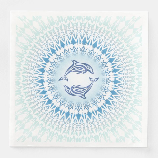 Serviette En Papier Dauphins Mandala Bleu Blanc (Devant)