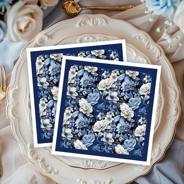 Serviette en papier de luxe bleu marine élégant à  (Navy blue and ivory flowers,
Deep Blue flowers botanical garden,
Royal blue dusty blue floral,
Water)