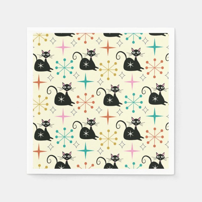 Serviette En Papier Début du milieu du siècle avec chat atomique noir (Devant)