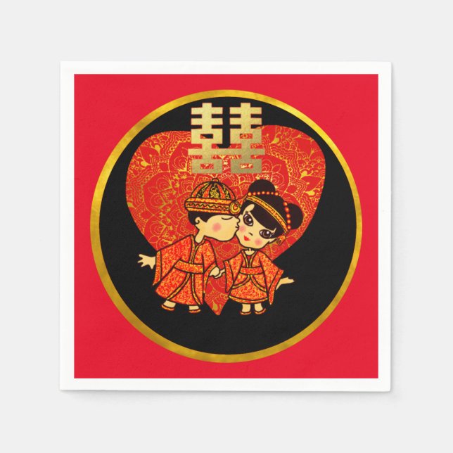 Serviette En Papier Décor cadeau Mariage chinois - Cute COUPLE (Devant)