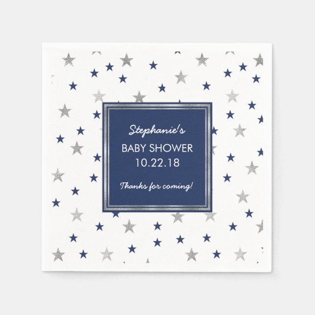 Serviette En Papier Décor de Baby shower Twinkle Marine Silver Stars (Devant)