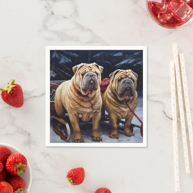 Serviette En Papier Décor de Noël Shar Pei Snowy Sleigh (En situation)