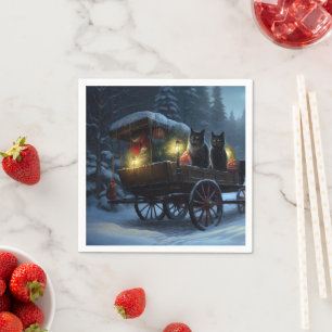 Serviette En Papier Décor de Noël Traîneau enneigé avec chat noir  