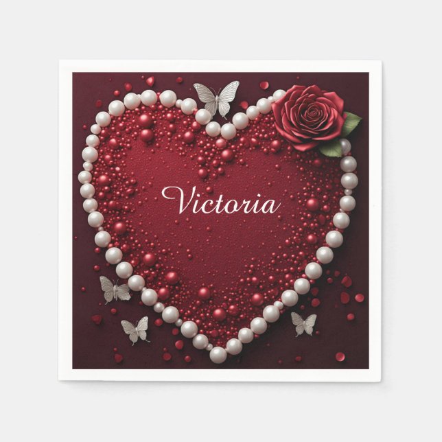 Serviette En Papier Décor de table de mariage Pearl Heart Rose 🌹 (Devant)