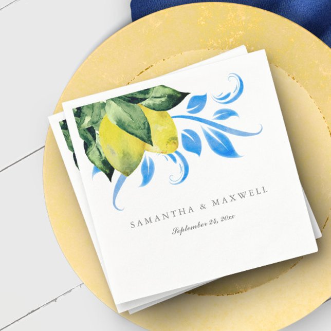Serviette En Papier Décor de table Mariage de citron botanique (custom wedding napkins Italian weddings blue and yellow watercolor lemons by Victoria Grigaliunas)