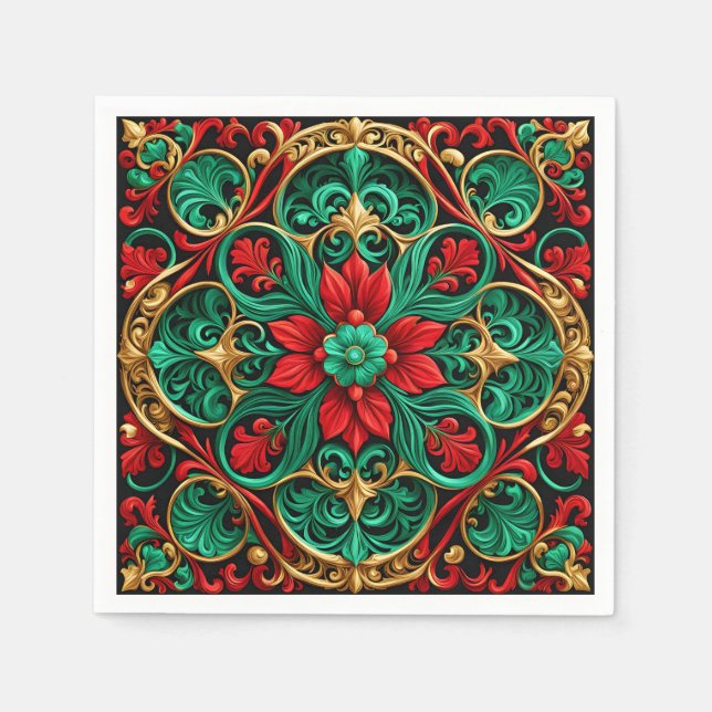 Serviette En Papier Décor Rouge Vert Vacances Napkin (Devant)