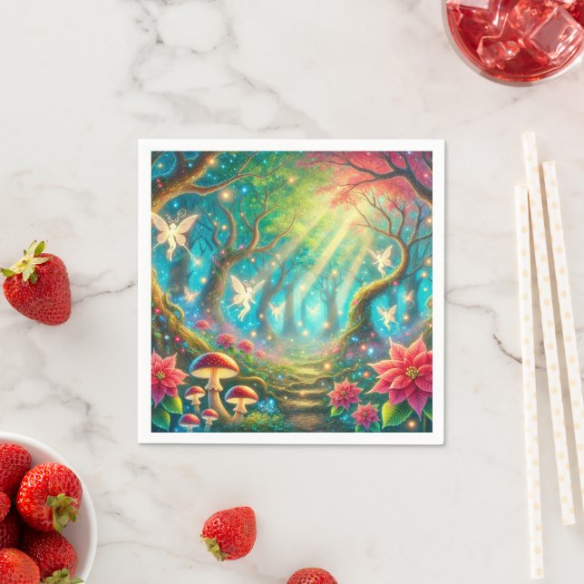 Serviette En Papier Découpage de la forêt de champignons et de poinsét (En situation)