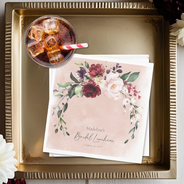 Serviette En Papier Déjeuner nuptial rustique Bourgogne et rose pâle R (Rustic Burgundy & Blush Pink Roses Bridal Luncheon Napkins)