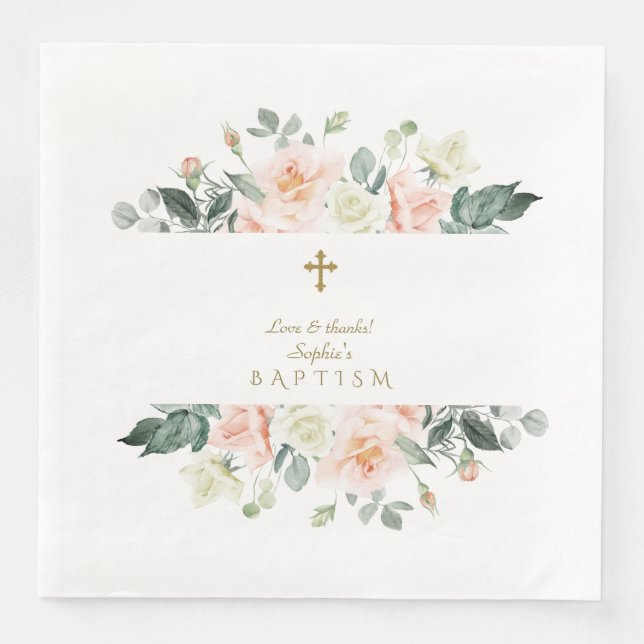 Serviette En Papier Délicat Blush Fleurs Blanches Or Girl Baptême (Devant)