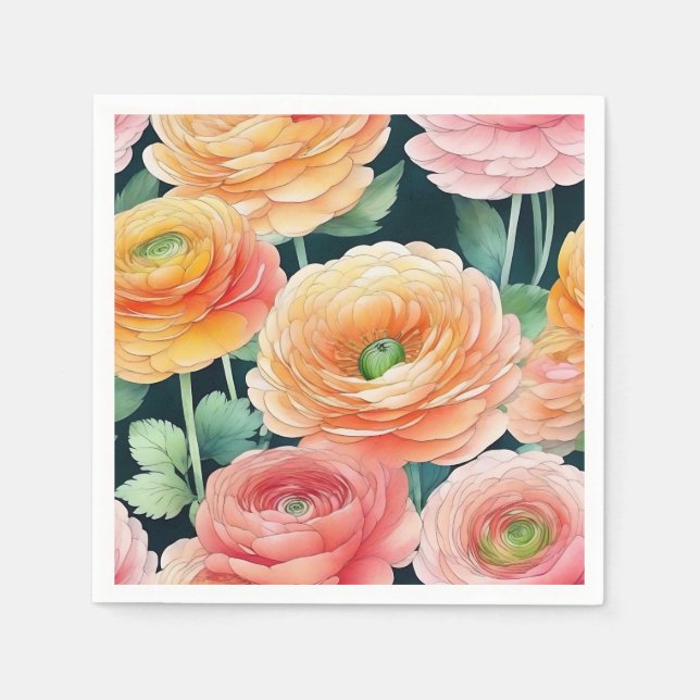 Serviette En Papier Délicat Ranunculus Fleurs Aquarelle (Devant)