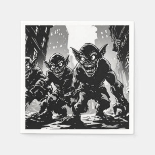 Serviette En Papier Démons Gobelins Ville Abandonnée Style BD Rétro NB