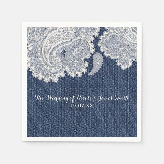 Serviette En Papier Denim Jean & White Lace Élégante Mariage nuptiale (Devant)