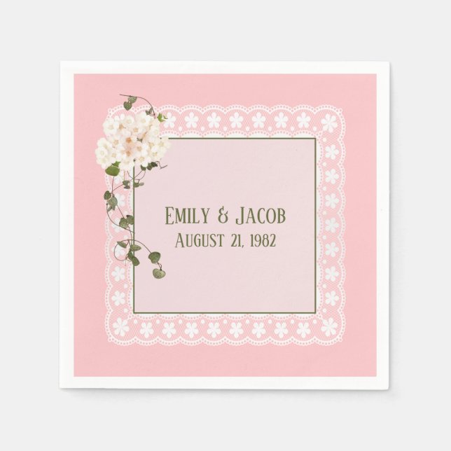 Serviette En Papier Dentelle Blanche Anniversaire Sur Blush (Devant)