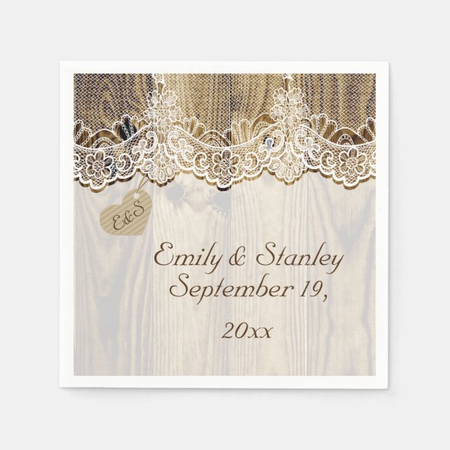 Serviette En Papier Dentelle blanche & coeur sur vieux bois mariage ru (Devant)