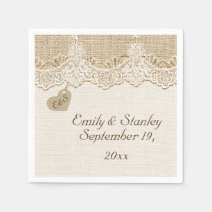 Serviette En Papier Dentelle blanche et cœur sur toile de jute mariage