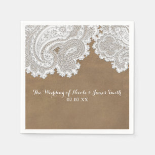 Serviette En Papier Dentelle blanche et marron rustique chic élégant m