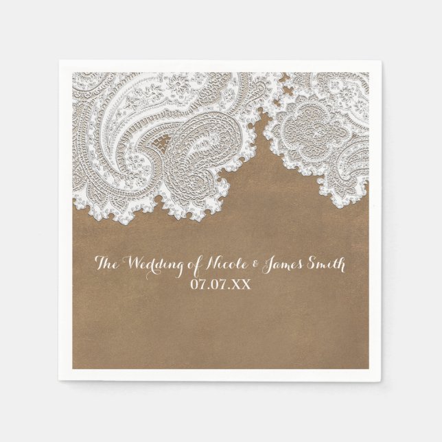 Serviette En Papier Dentelle blanche et marron rustique chic élégant m (Devant)
