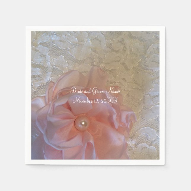 Serviette En Papier Dentelle blanche fleur rose avec perle (Devant)