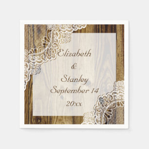 Serviette En Papier Dentelle blanche rustique sur bois mariage rustiqu