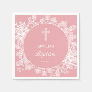 Serviette En Papier Dentelle blanche sur baptême rose