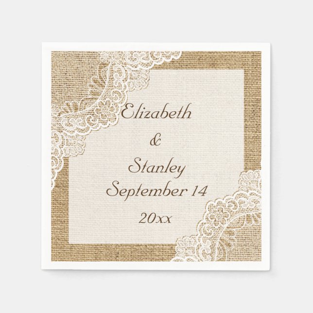 Serviette En Papier Dentelle blanche sur burlap mariage rustique (Devant)