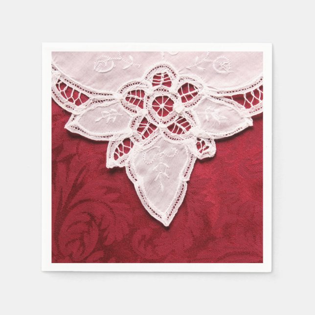Serviette En Papier Dentelle blanche sur tissu rouge (Devant)