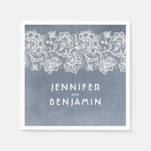 Serviette En Papier Dentelle bleu et blanc poussiéreux Élégant