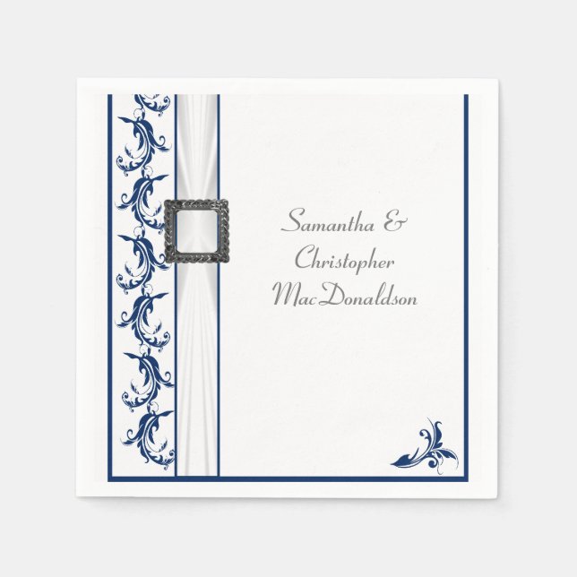 Serviette En Papier Dentelle bleu marine et blanche en plaine mariage  (Devant)
