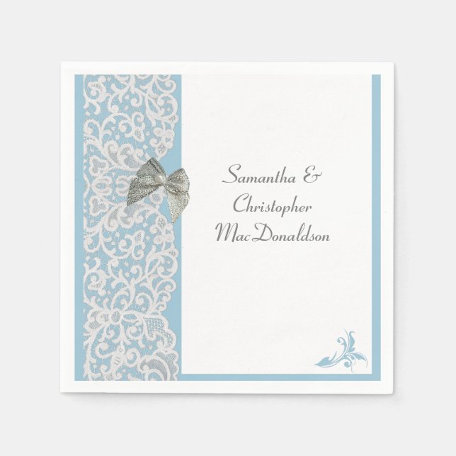 Serviette En Papier Dentelle bleue pastel et blanche mariage tradition (Devant)