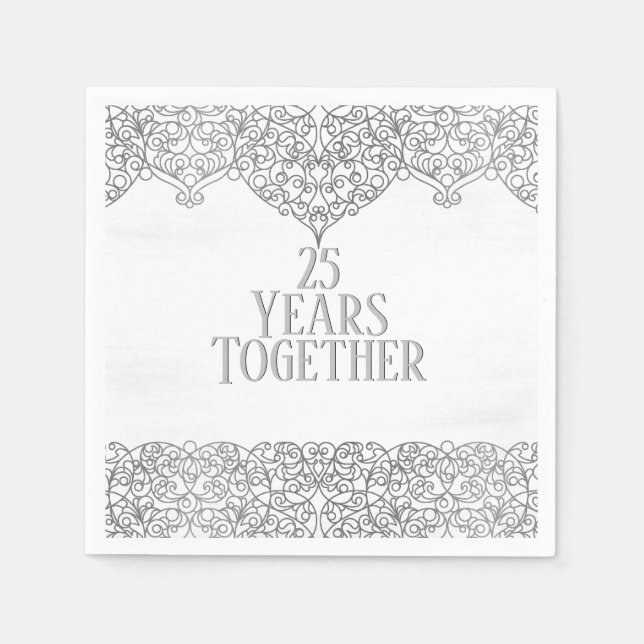 Serviette En Papier Dentelle d'argent du 25e anniversaire sur blanc (Devant)