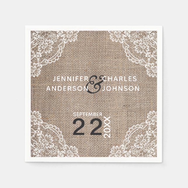 Serviette En Papier Dentelle de tissu de Burlap rustique | Serviettes (Devant)