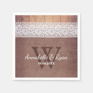 Serviette En Papier Dentelle et bois de Burlap rustique Mariage mono