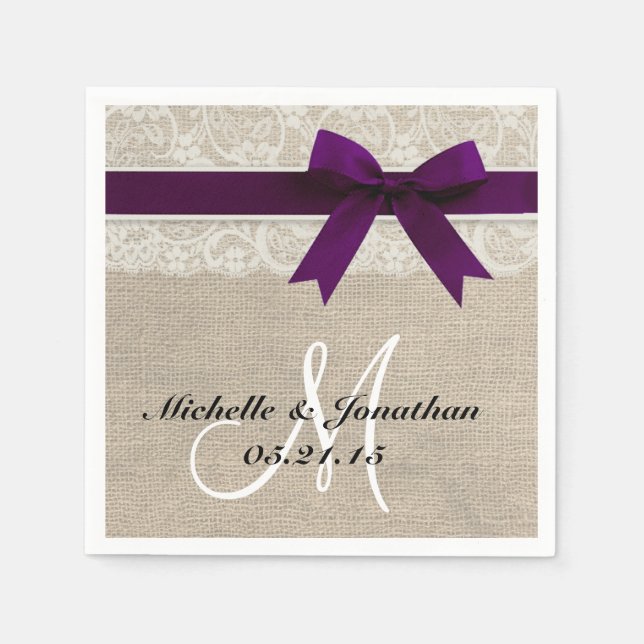 Serviette En Papier Dentelle et Burlap Mariage rustique Napkin Plum (Devant)