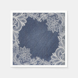 Serviette En Papier Dentelle florale Denim & Blanc Elégante Fête des m