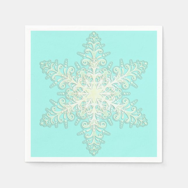 Serviette En Papier Dentelle glacée Snowflake hiver blanc et turquoise (Devant)
