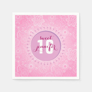 Serviette En Papier Dentelle Monogramme Rose & Blanc Fleurs Et Papillo