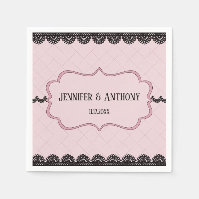 Serviette En Papier Dentelle noire sur Soft Pink Mariage personnalisé (Devant)