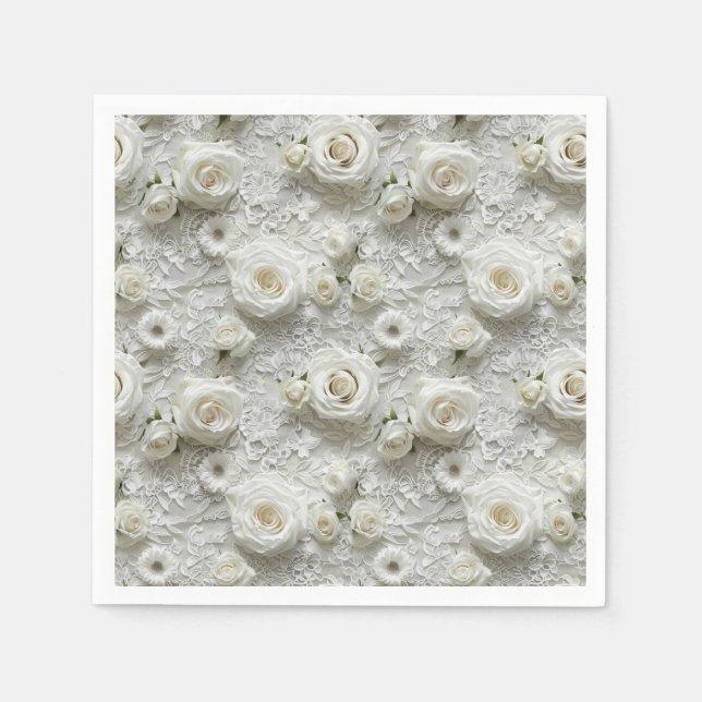 Serviette En Papier Dentelle nuptiale et roses blanches (Devant)