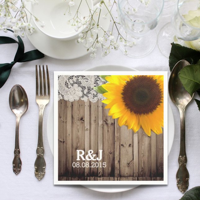 Serviette En Papier dentelle rustique grange mariage campagnard de tou (rustic lace barn wood sunflower country wedding napkins)