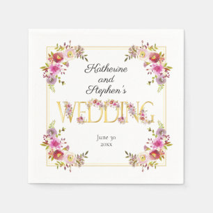 Serviette En Papier Des fleurs brillantes   Lettres or Mariage aquarel