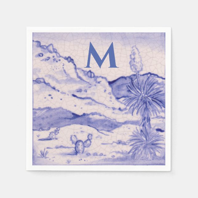 Serviette En Papier Desert Cactus Bleu Blanc Paysage Yucca Monogramme (Devant)