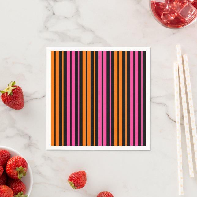 Serviette En Papier Design bandes verticales orange rose noir   (En situation)