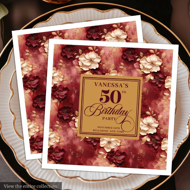 Serviette En Papier Design Boho Merlot Blush Gold 50e anniversaire (Stylish Boho Merlot Blush Gold 50th Birthday Paper Dinner Napkins)