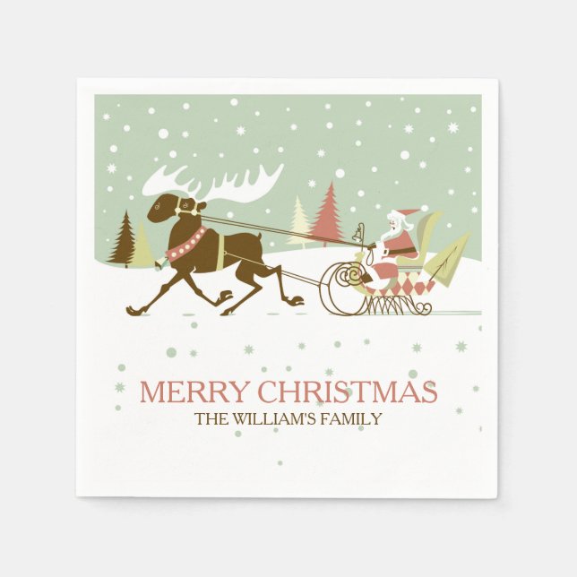 Serviette En Papier Design de Noël rétro père Noël & Reindeer (Devant)