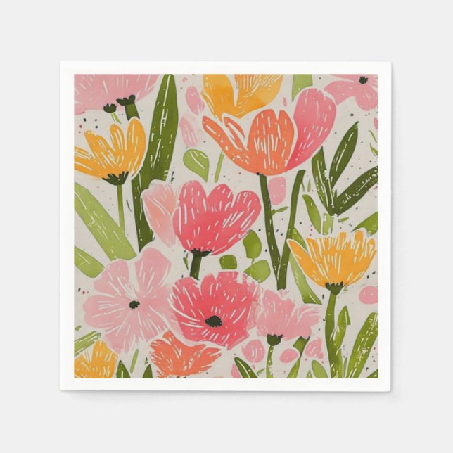 Serviette En Papier Design floral moderne du milieu du siècle rétro (Devant)
