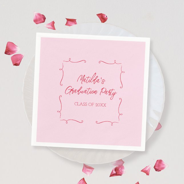 Serviette En Papier Dessin à la main Doodle Rose & Red Graduation Part (Hand Drawn Doodle Pink & Red Graduation Party Napkins)