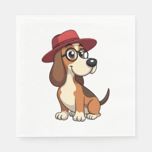 Serviette En Papier Dessin animé vintage Basset Hound au chapeau rouge