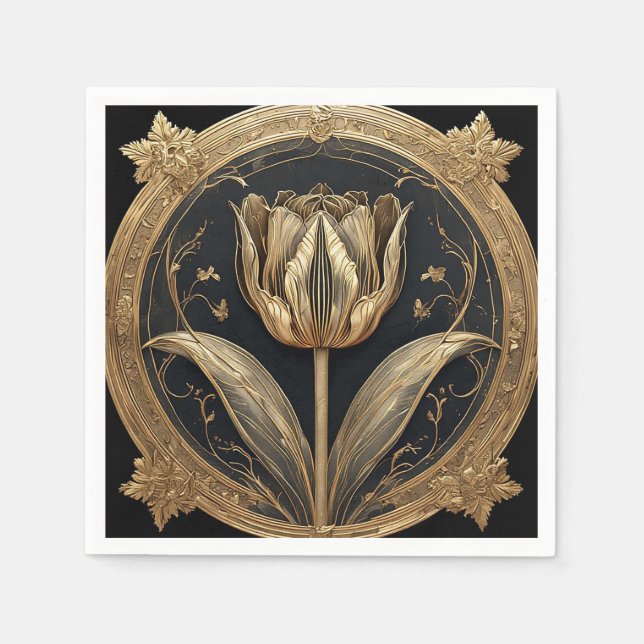 Serviette En Papier Dessin de tulipe or et noir (Devant)