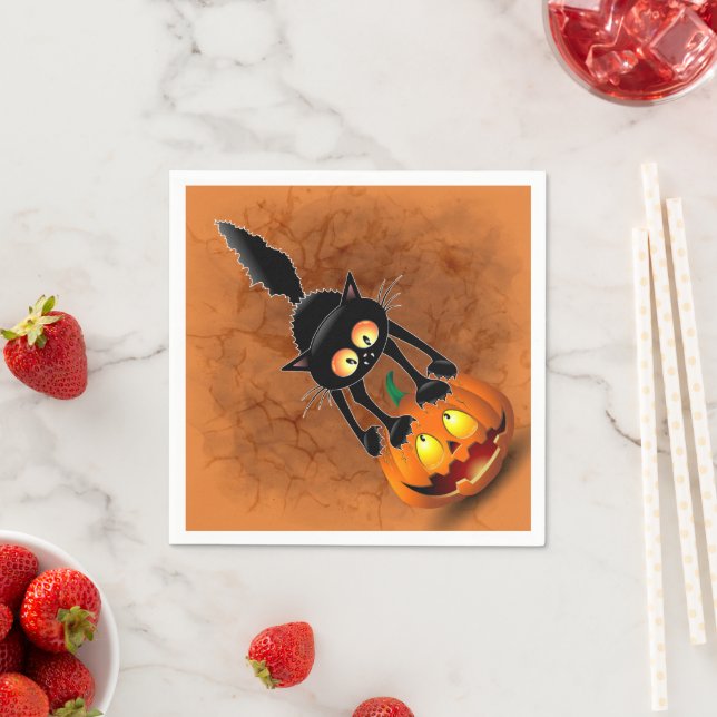 Serviette En Papier Dessin d'Halloween au chat effrayé sur Citrouille (En situation)